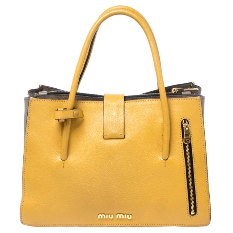Pre Owned Miu Miu Mustard Madras Leather Push Lock Tote