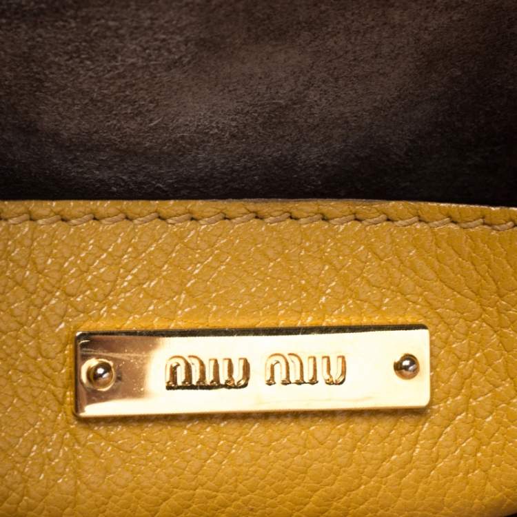 Pre Owned Miu Miu Mustard Madras Leather Push Lock Tote