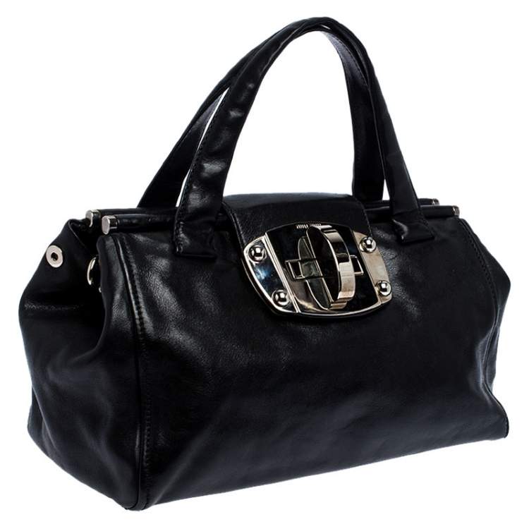 Pre Owned Miu Miu Black Leather Turnlock Tote