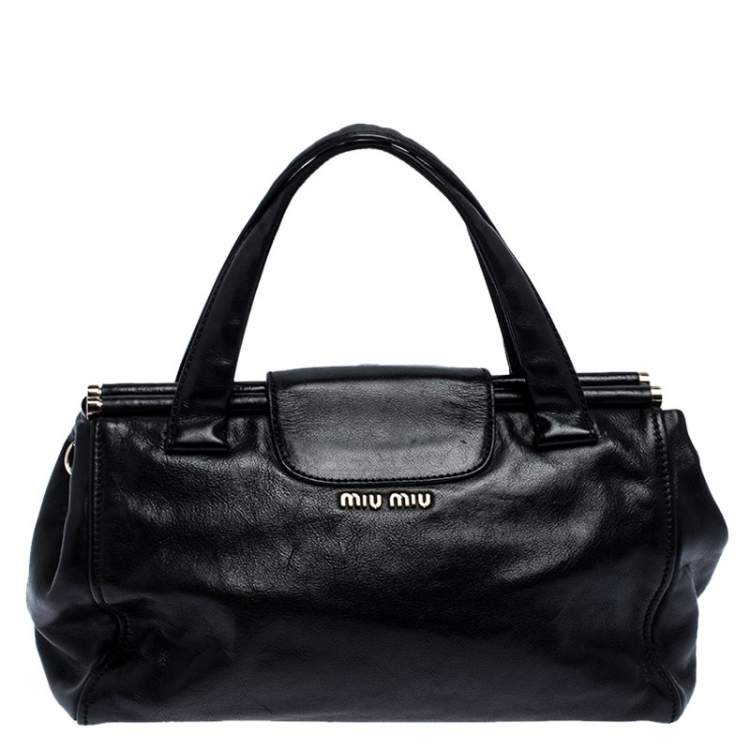 Pre Owned Miu Miu Black Leather Turnlock Tote