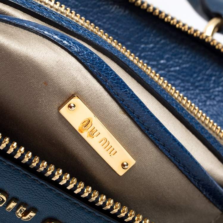 Pre Owned Miu Miu Blue Leather Madras Bowler Bag