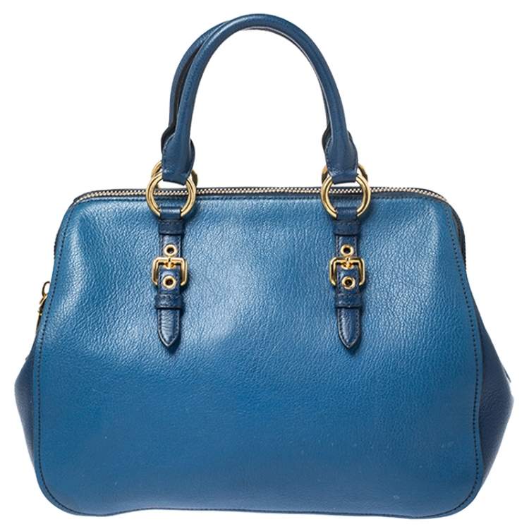 Pre Owned Miu Miu Blue Leather Madras Bowler Bag