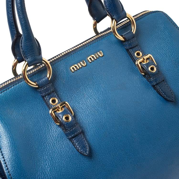 Pre Owned Miu Miu Blue Leather Madras Bowler Bag