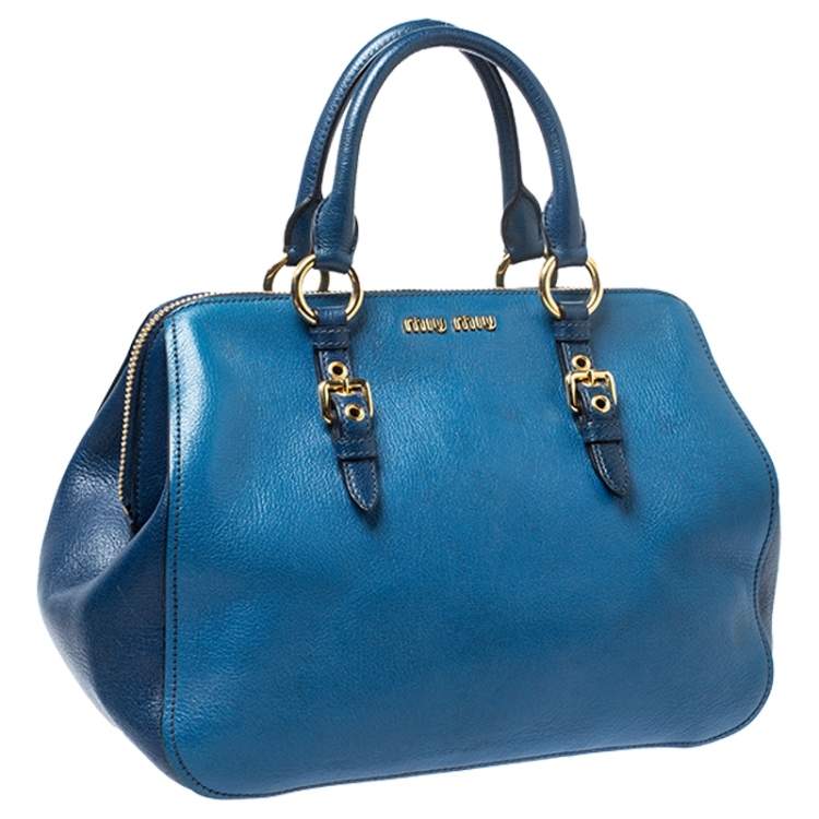 Pre Owned Miu Miu Blue Leather Madras Bowler Bag