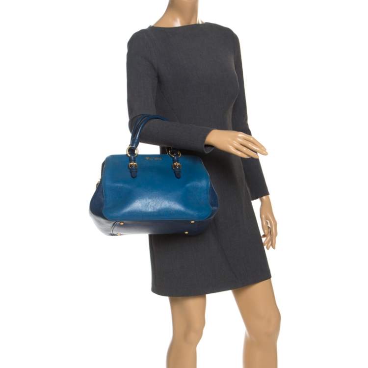 Pre Owned Miu Miu Blue Leather Madras Bowler Bag