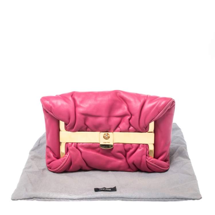 Pre Owned Miu Miu Peonia Pink Nappa Leather Gold Frame Clutch