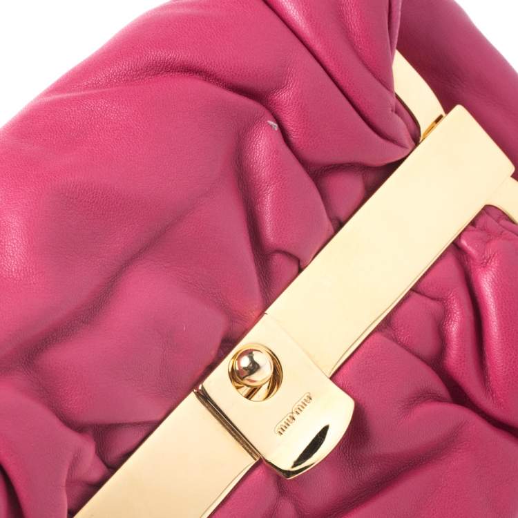 Pre Owned Miu Miu Peonia Pink Nappa Leather Gold Frame Clutch