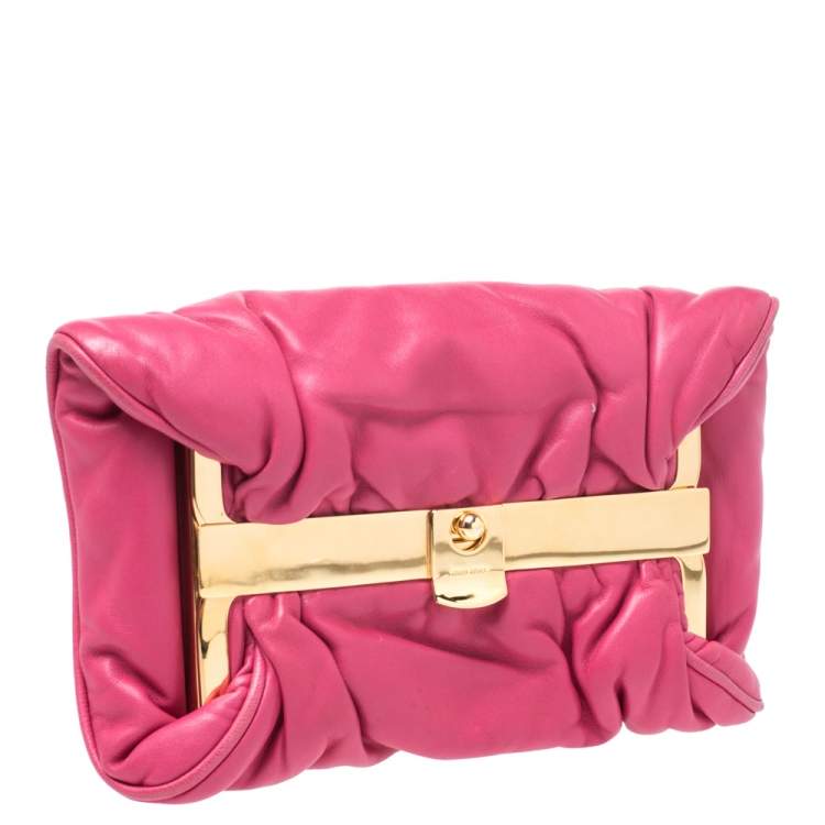 Pre Owned Miu Miu Peonia Pink Nappa Leather Gold Frame Clutch