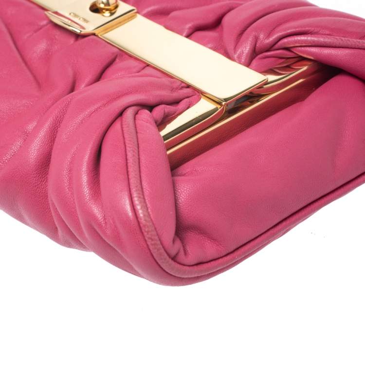 Pre Owned Miu Miu Peonia Pink Nappa Leather Gold Frame Clutch