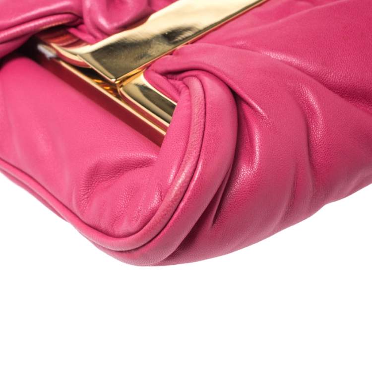 Pre Owned Miu Miu Peonia Pink Nappa Leather Gold Frame Clutch