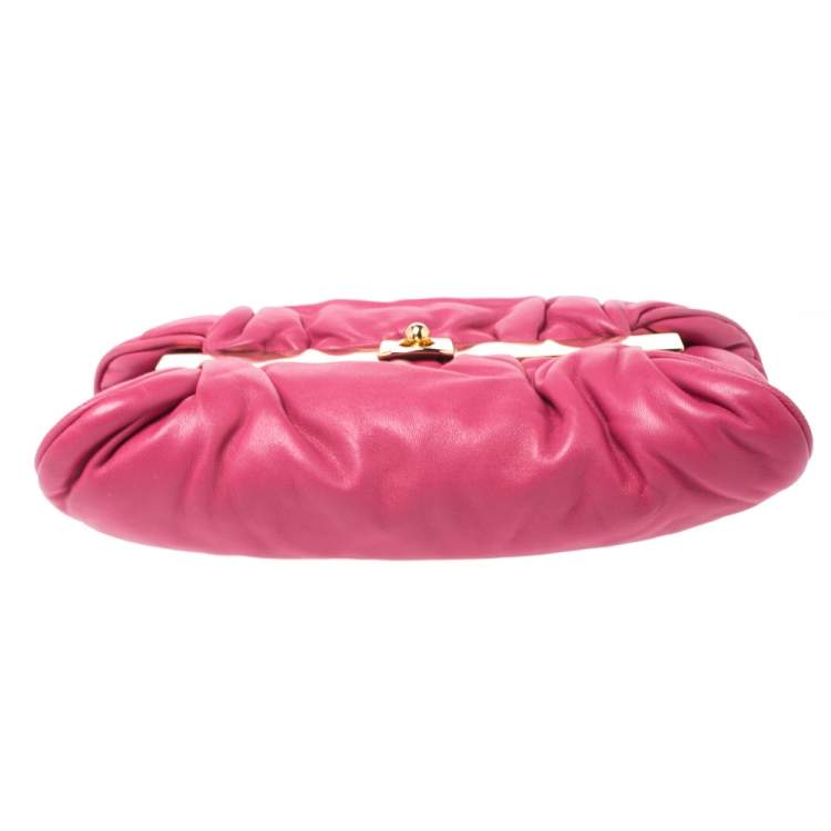 Pre Owned Miu Miu Peonia Pink Nappa Leather Gold Frame Clutch