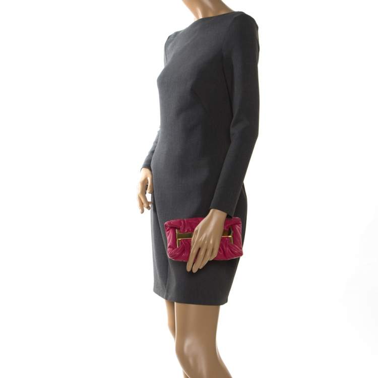 Pre Owned Miu Miu Peonia Pink Nappa Leather Gold Frame Clutch