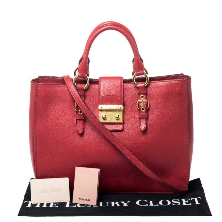 Pre Owned Miu Miu Red Leather Large Madras Tote 