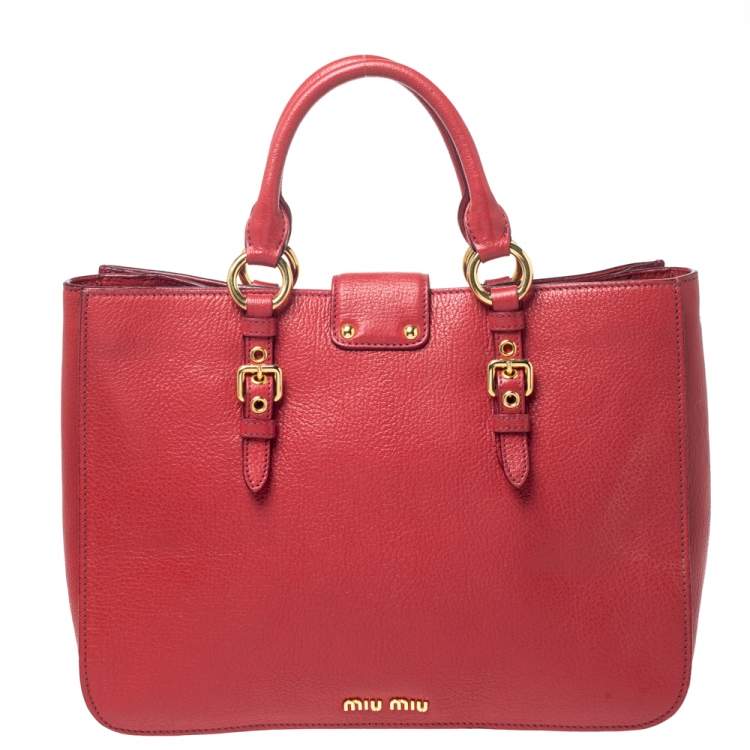 Pre Owned Miu Miu Red Leather Large Madras Tote 