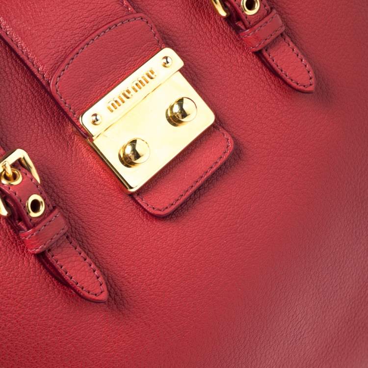 Pre Owned Miu Miu Red Leather Large Madras Tote 