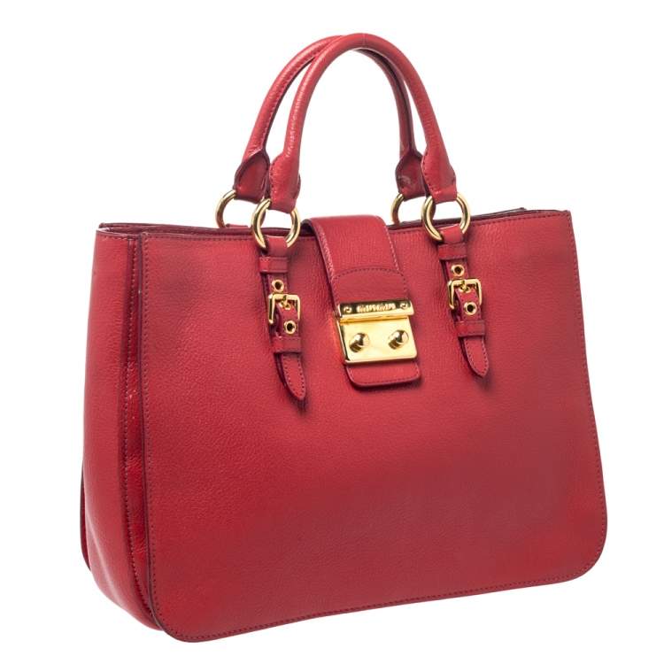 Pre Owned Miu Miu Red Leather Large Madras Tote 