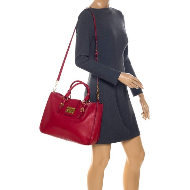 Pre Owned Miu Miu Red Leather Large Madras Tote 