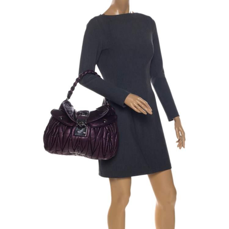 Pre Owned Miu Miu Metallic Purple Matelasse Lux Leather Coffer Hobo