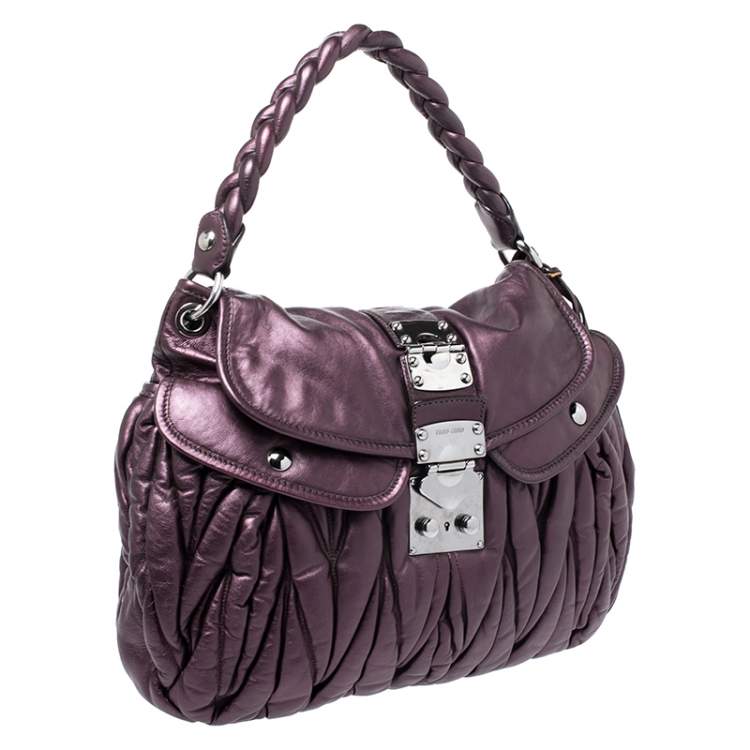 Pre Owned Miu Miu Metallic Purple Matelasse Lux Leather Coffer Hobo
