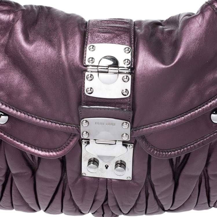 Pre Owned Miu Miu Metallic Purple Matelasse Lux Leather Coffer Hobo