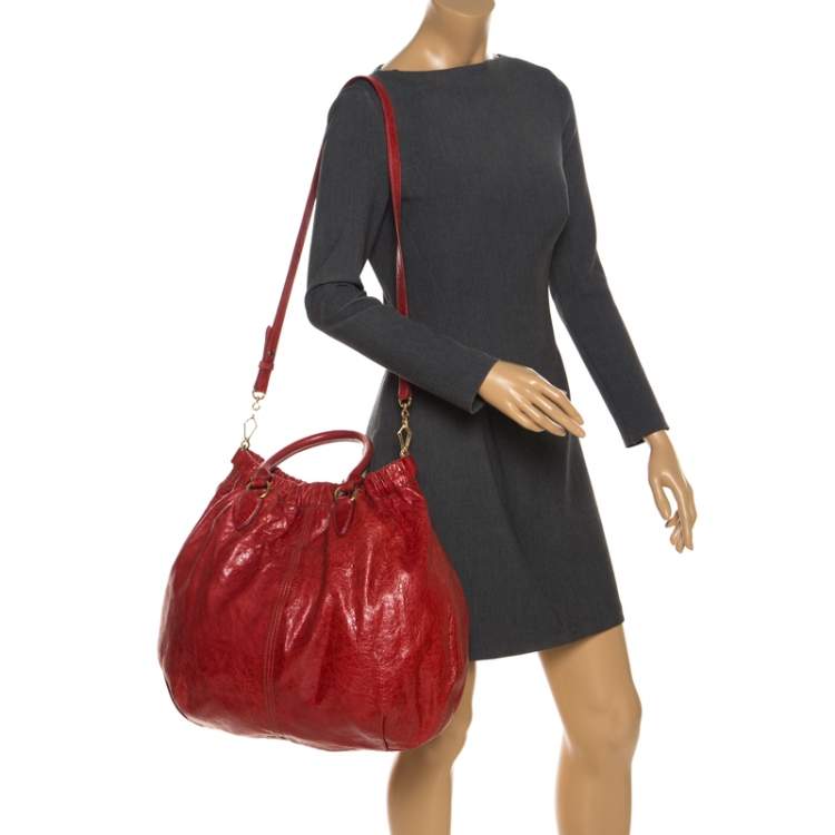 Pre Owned Miu Miu Red Leather Gathered Hobo