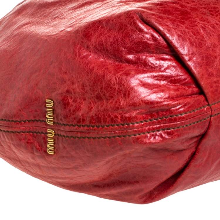 Pre Owned Miu Miu Red Leather Gathered Hobo