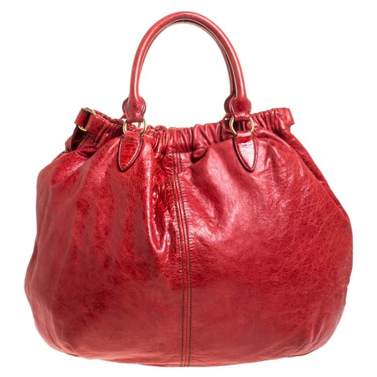 Pre Owned Miu Miu Red Leather Gathered Hobo