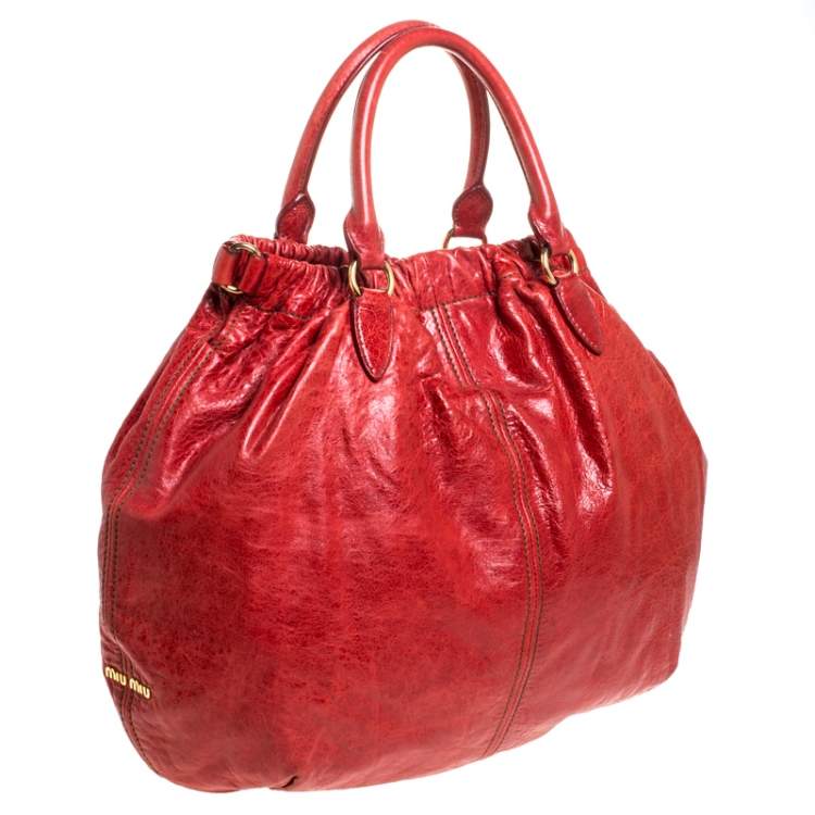 Pre Owned Miu Miu Red Leather Gathered Hobo