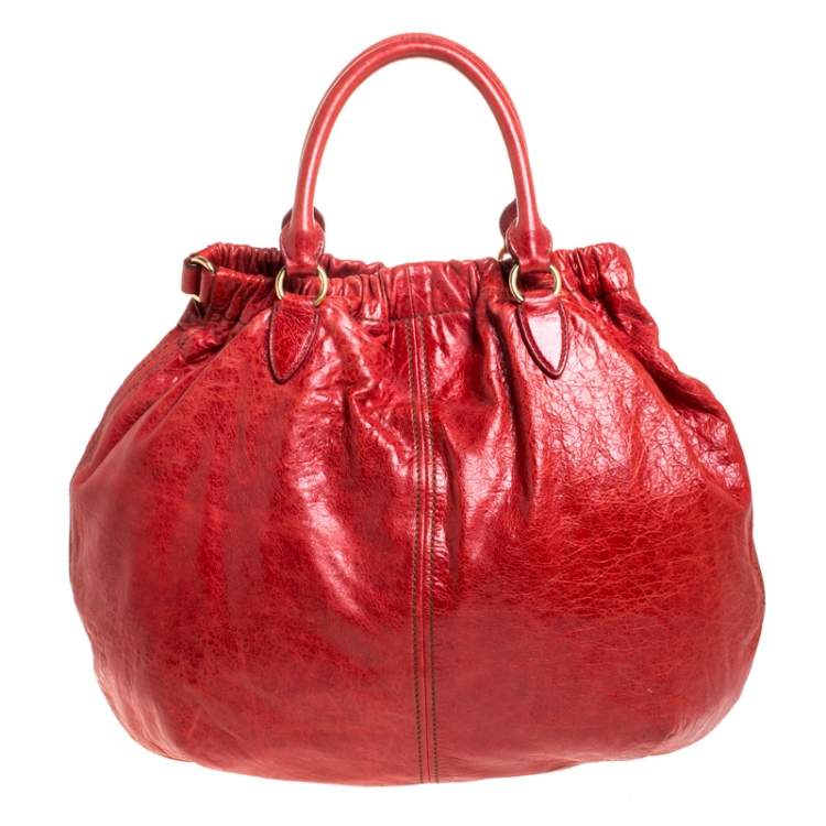 Pre Owned Miu Miu Red Leather Gathered Hobo