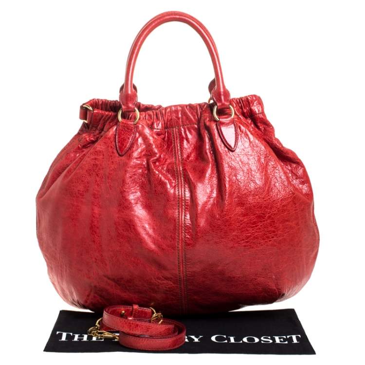 Pre Owned Miu Miu Red Leather Gathered Hobo