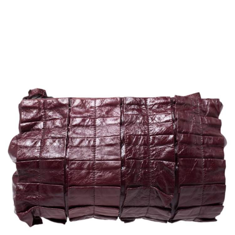 Pre Owned Miu Miu Burgundy Glossy  Ruffled Leather Shoulder Bag