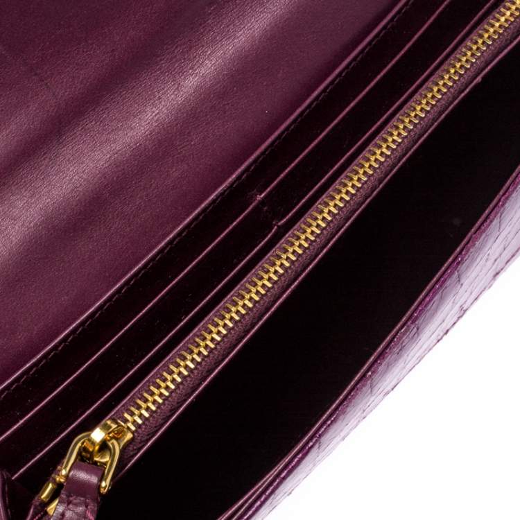 Pre Owned Miu Miu Purple Croc Embossed Patent Leather Flap Continental Wallet