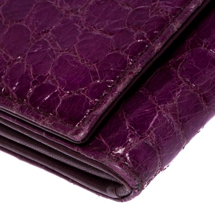 Pre Owned Miu Miu Purple Croc Embossed Patent Leather Flap Continental Wallet