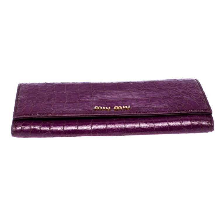 Pre Owned Miu Miu Purple Croc Embossed Patent Leather Flap Continental Wallet