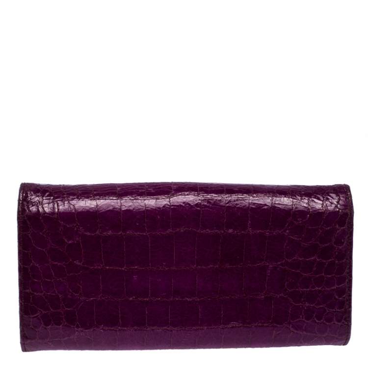 Pre Owned Miu Miu Purple Croc Embossed Patent Leather Flap Continental Wallet