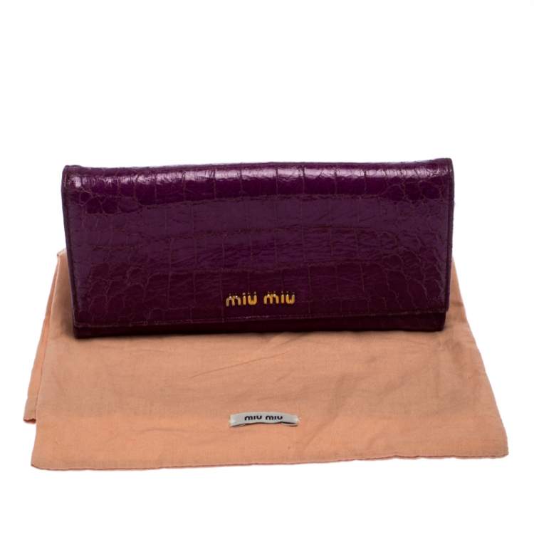Pre Owned Miu Miu Purple Croc Embossed Patent Leather Flap Continental Wallet