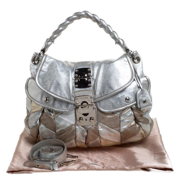 Pre Owned Miu Miu Metallic Silver/Gold Leather Patchwork Coffer Hobo