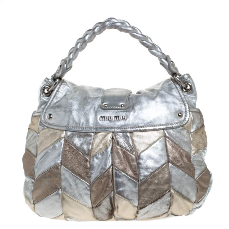 Pre Owned Miu Miu Metallic Silver/Gold Leather Patchwork Coffer Hobo