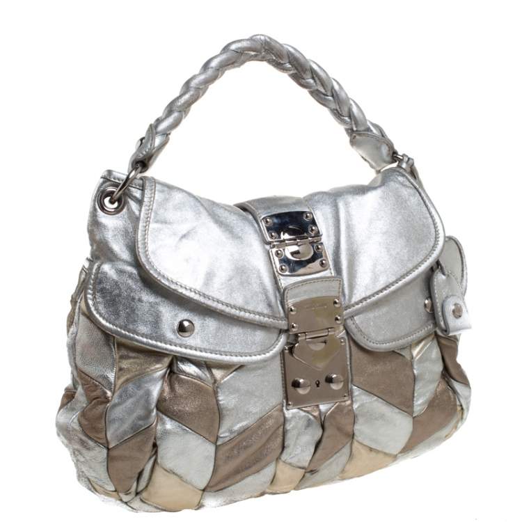 Pre Owned Miu Miu Metallic Silver/Gold Leather Patchwork Coffer Hobo