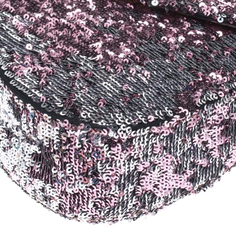 Pre Owned Miu Miu Pink/Silver Sequins and Lizard Round Metal Flap Top Handle Bag