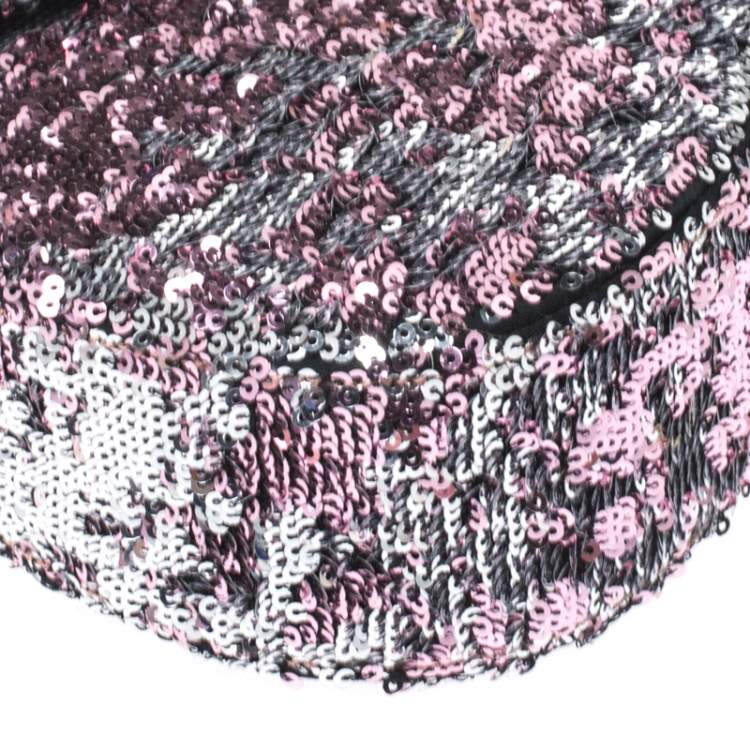 Pre Owned Miu Miu Pink/Silver Sequins and Lizard Round Metal Flap Top Handle Bag