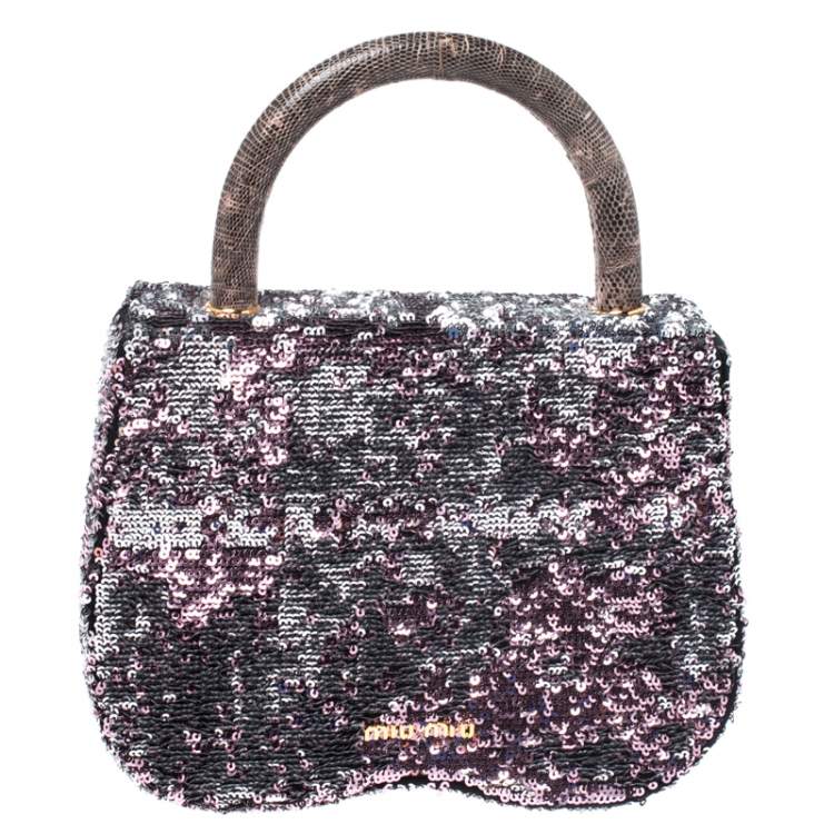 Pre Owned Miu Miu Pink/Silver Sequins and Lizard Round Metal Flap Top Handle Bag