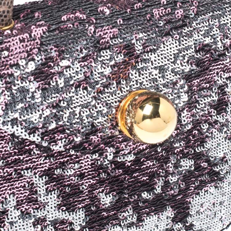 Pre Owned Miu Miu Pink/Silver Sequins and Lizard Round Metal Flap Top Handle Bag