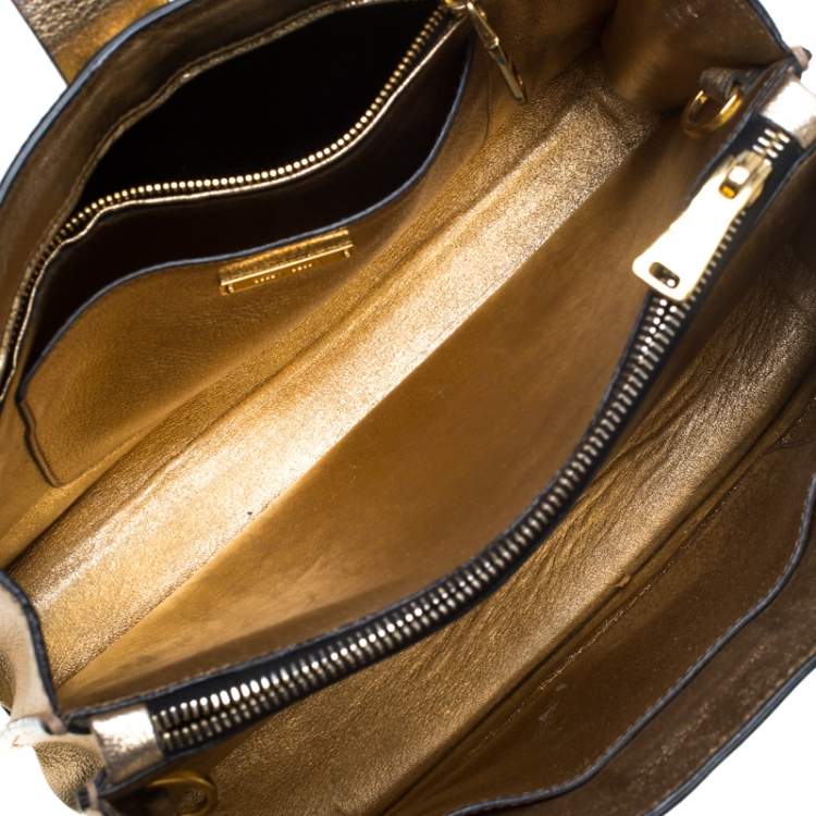 Pre Owned Miu Miu Metallic Gold Leather Medium Madras Tote with Wallet