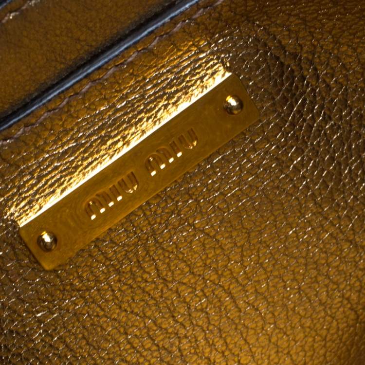Pre Owned Miu Miu Metallic Gold Leather Medium Madras Tote with Wallet