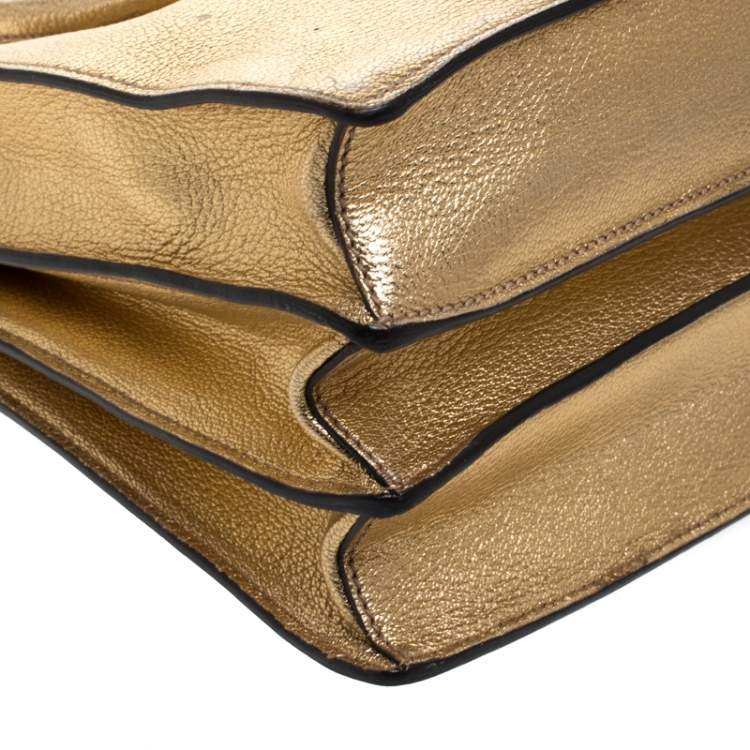 Pre Owned Miu Miu Metallic Gold Leather Medium Madras Tote with Wallet