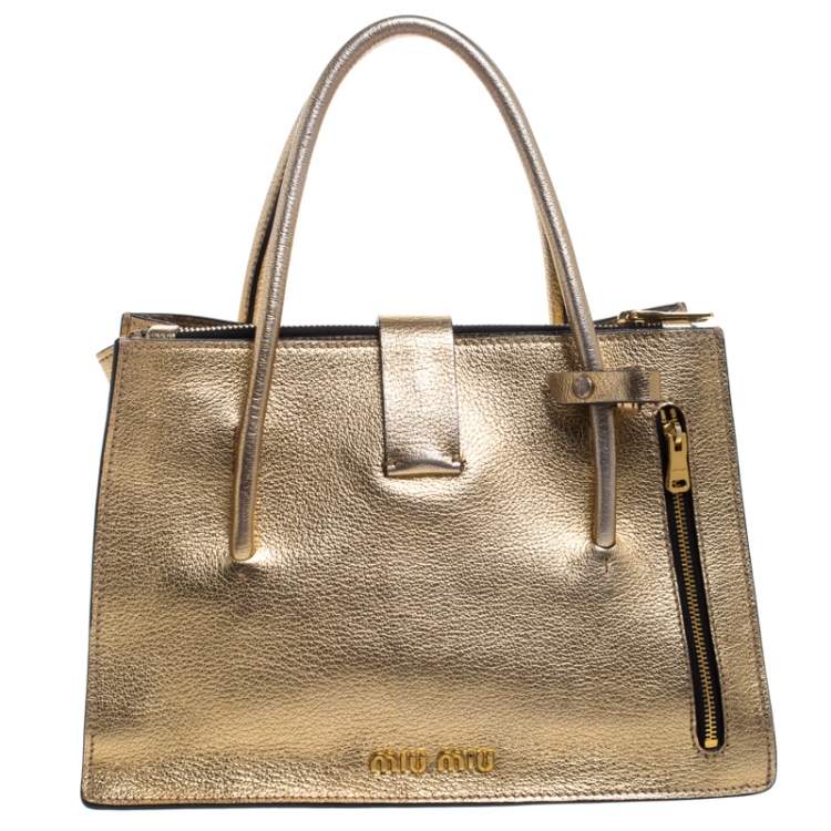 Pre Owned Miu Miu Metallic Gold Leather Medium Madras Tote with Wallet