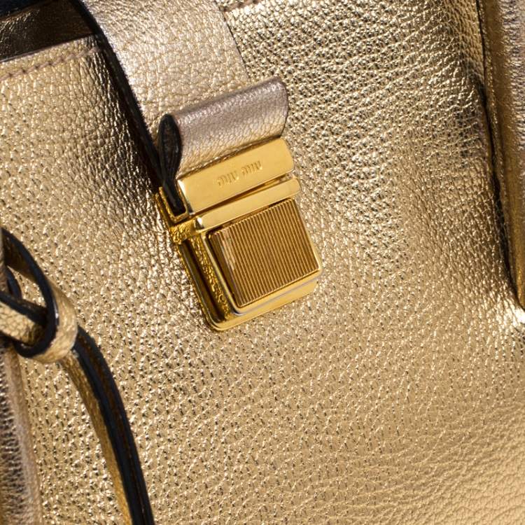Pre Owned Miu Miu Metallic Gold Leather Medium Madras Tote with Wallet