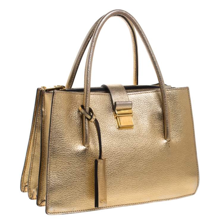 Pre Owned Miu Miu Metallic Gold Leather Medium Madras Tote with Wallet