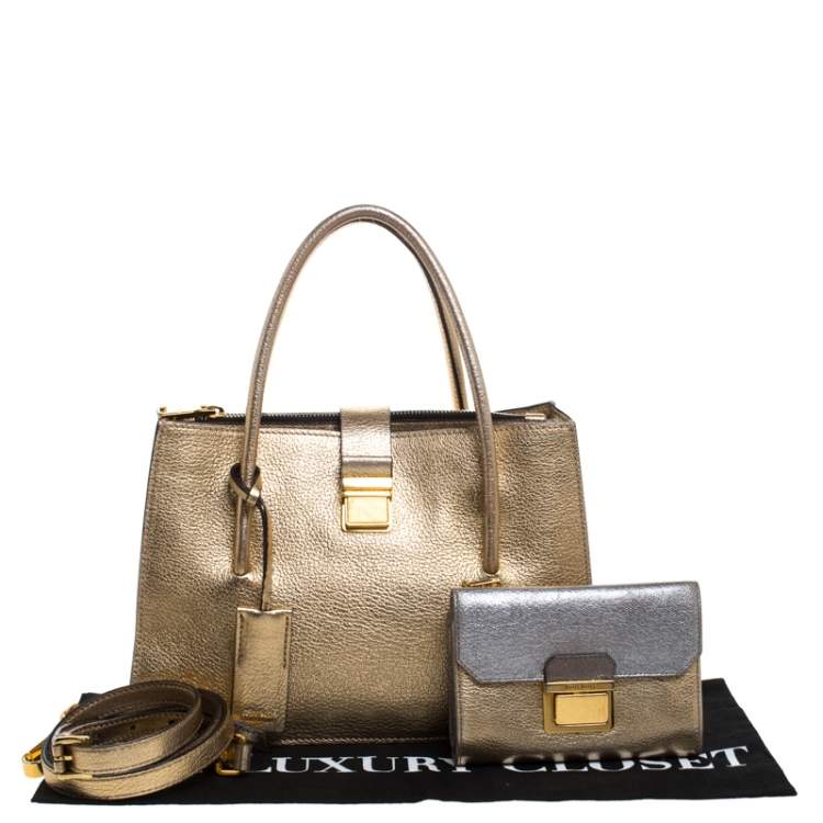 Pre Owned Miu Miu Metallic Gold Leather Medium Madras Tote with Wallet